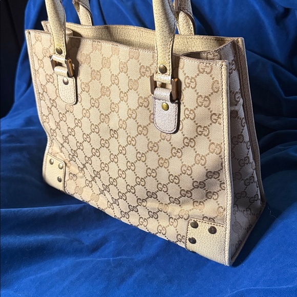 Auth Gucci GG Canvas x Leather Beige x Ivory 124260 214397 Tote Bag NS100248 - Picture 4 of 11